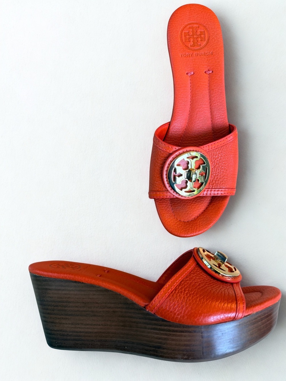 Tory Burch Selma Orange Leather Gold Logo Wedge Slide Sandals Size 6.5M - Picture 6 of 7